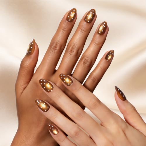 Image of Beetles Brown Cat Eye Press On Nails Short Almond, 32PCS, Polka Dot Design | 16 Sizes, Glue and Adhesive Tabs Included, Fall Maple-Brown Cat Eye Glow, Ready to Press and Go, All-in-One Complete Kit