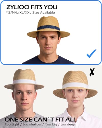 Image of Zylioo XXL XL Straw Hats for Men Big Heads,L M S UV Summer Fedora Panama,UPF Beach Sun Hats for Women Travel Hat