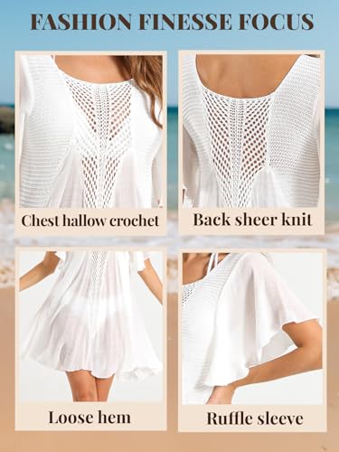 Women Swimsuit Cover Up Short Sleeve Bikini Coverups Crochet U-Neck Beach Dress4