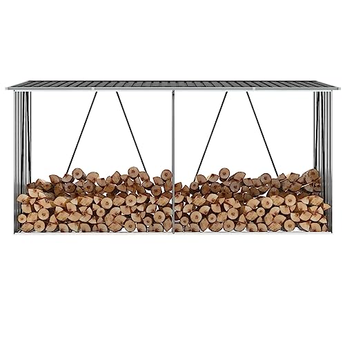 HOMTAKIE - Cobertizo para almacenamiento de madera, acero galvanizado, 330 x 84 x 152 cm, color gris