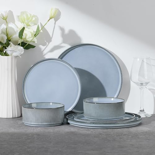 Image of E-far Stoneware Dinnerware Sets for 2, 6-Piece Plates and Bowls Sets, Chip & Scratch Resistant Ribbed Dish Set for Home Restaurant, Microwave & Dishwasher Safe, Dusty Blue