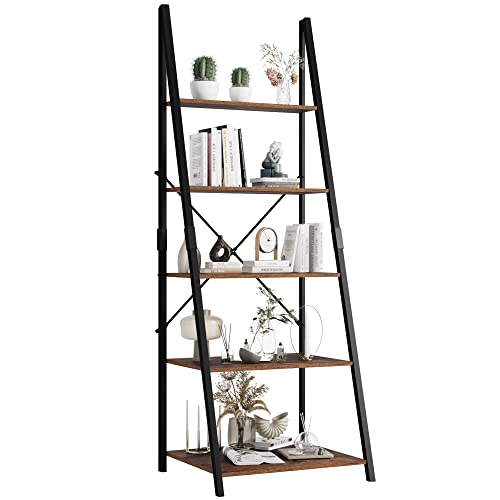 Bücherregal schwarz Leiterregal aus Holz und Metall Standregal Regal mit 5...