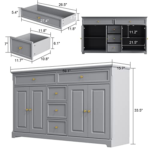 ECACAD-Sideboard-Buffet-Cabinet-with-4-Storage-Compartments-5-Drawers-Kitchen-Console-Table-Storage-Cabinet-Coffee-Bar-Accent-Cabinet-for-Living-Room-Hallway-Grey ECACAD Sideboard Buffet Cabinet with 4 Storage Compartments 5 Drawers Kitchen Console Table Storage Cabinet Coffee Bar Accent Cabinet for Living Room Hallway Grey