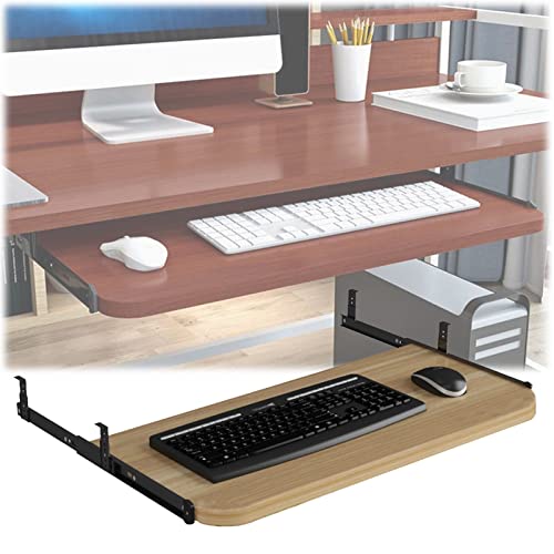 調節可能な木製キーボードトレイ。人間工学に基づいたデザイン。取り付け簡単。デスク下の引き出し式。54/60/70 x 27 cm。仕事中の快適性と生産性を向上。