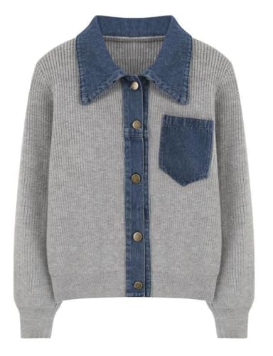 happlan Women's Knitted Long Sleeve Denim Patchwork Cardigan Sweater Jacket Top