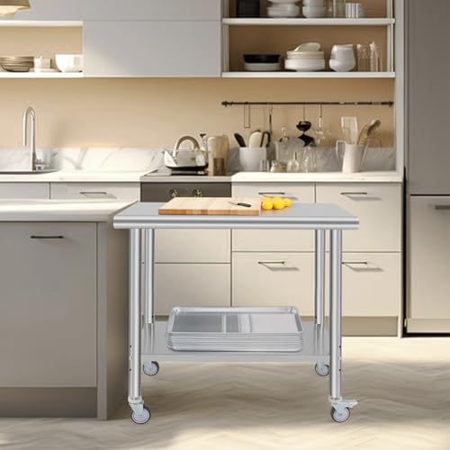 Image of 36x24x35inch Double Layer Stainless Steel Work Table with Caster Wheels No Backsplash