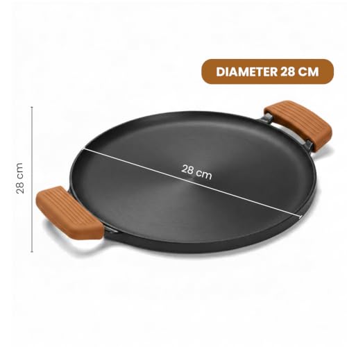 Image of HomeEssentials Round Non-Stick Cast Iron Tawa with Silicone Grip Handles | Non-Stick Cooking & Serving Pan for Dosa, Chapati, Roti, Pizza, Pancakes, Omelets and Daily Cooking