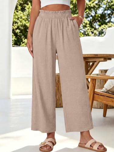Image of ANRABESS Womens Wide Leg Cropped Palazzo Pants | Lightweight Breathable Elastic High Waisted Pants, Beach Vacation Flowy, Lounge & Casual Summer Trousers with Pockets