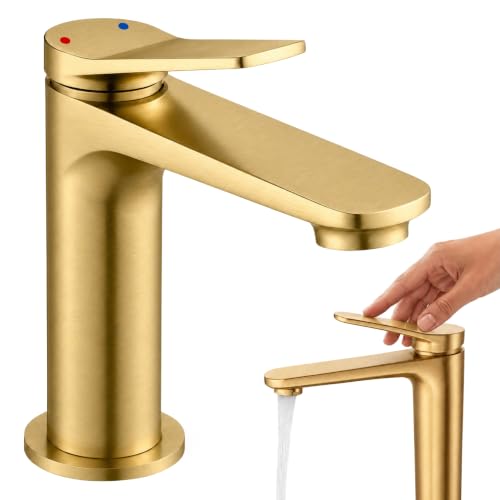 Grifo de Lavabo Monomando, Grifo Borras Colección Avance, con cartucho de doble step para el ahorro de energía y agua, Altura total de 138 mm, proyección del caño de 145 mm, acabado dorado