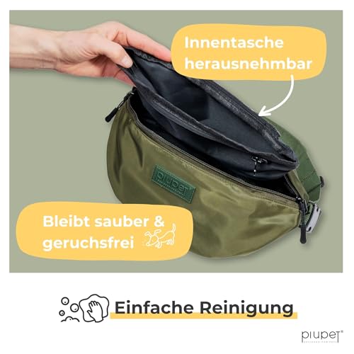PiuPet® Leckerlitasche für Hunde I Stylische & wasserdichte Gassitasche Hunde mit 3 Reißverschlussfächern I 2-in-1 Bauchtasche Hundetraining & Umhängetasche I Mit herausnehmbare Innentasche (Grün)