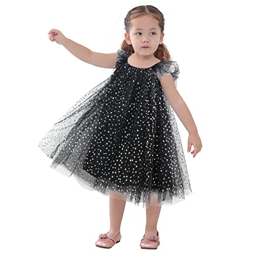 AGQT Bébé Fille Élégante Robe en Tulle,Robe en Fête Soiree d'anniversaire Bapteme Ceremonie Fly Manche Été Paillette Bouffante Tutu Robe Noir 6-12 Mois Cover