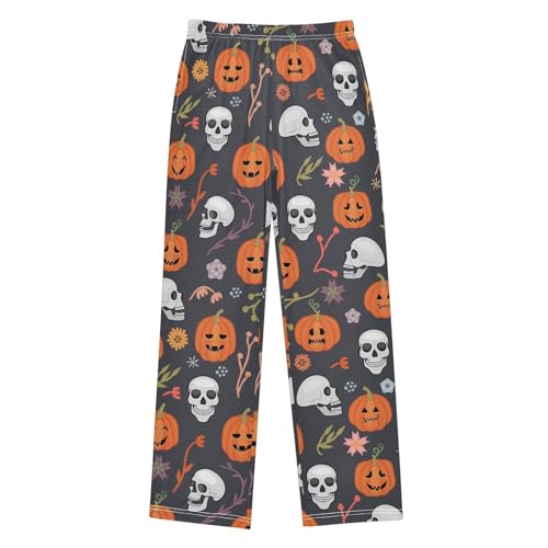 Skull and Pumpkin Floral Boys Long Pants Soft Trousers Elastic Waist Kids Lounge Bottoms with Pockets S-XL