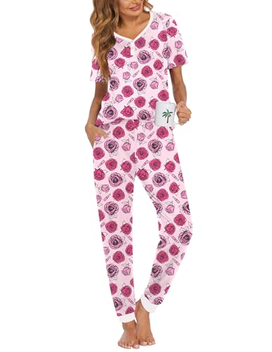 Image of Ekouaer Pajamas for Women Set 2 Piece Fall Lounge Sets Short Sleeve Pjs Joggers Long Pants Sleepwear with Pockets