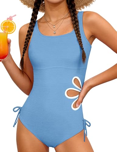 Image of KANGKANG Girls Swimsuit Solid Color Cut Out One Piece Bathing Suit with Chest Pad Adjustable Strap Round Neck Girls' Swimwear