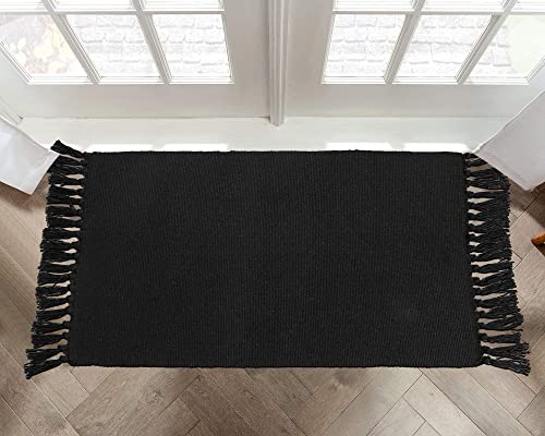 Black Kitchen Rug Runner, 2X4 Seavish Bathroom Rugs Cotton Recycled Woven Kitchen Mat Area Rug Boho Throw Rug With Tassles Braid Farmhouse Accent Rug For Laundry Porch Entryway Front Door Washable Mat #TOP7