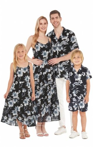 Image of Hawaii Hangover Family Matching Hawaiian Clothes, Midnight Bloom | Family matching Hawaiian outfits, Midnight Bloom, lightweight rayon, machine washable, tropical floral print, luaus, cruises
