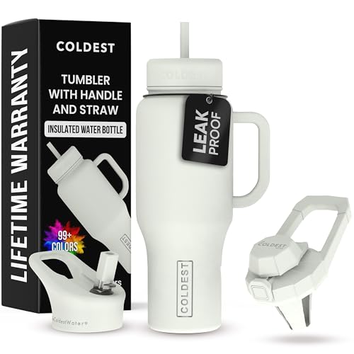 Coldest Tumbler with Handle and Straw - 100% Leak Proof Insulated Tumbler with Lid and Straw (3 Lids) - Stainless Steel Tumblers for Women & Men - Cup Holder Friendly Base, 36 oz (Margarita)