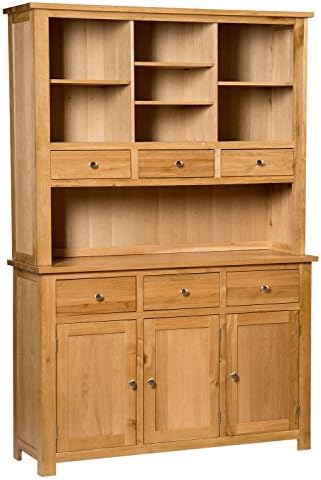 Hallowood Furniture Waverly Large Display Cabinet in Light Oak Finish  Solid Wooden Dresser Display Cabinet with 6 Drawers and Storage Cupboard for Kitchen & Living Room-Storage Unit for Dining Room