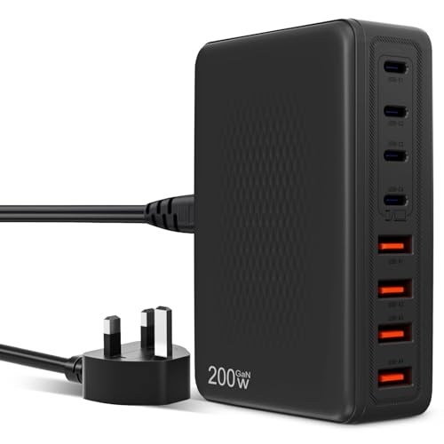 200W USB C USB A Fast Charger Block,GaN III Charger, 8 Port High Speed Charging Station Hub with PD 65W Desktop Laptop Power Adapter Compatible with MacBook Pro/Air,Steam (Black)