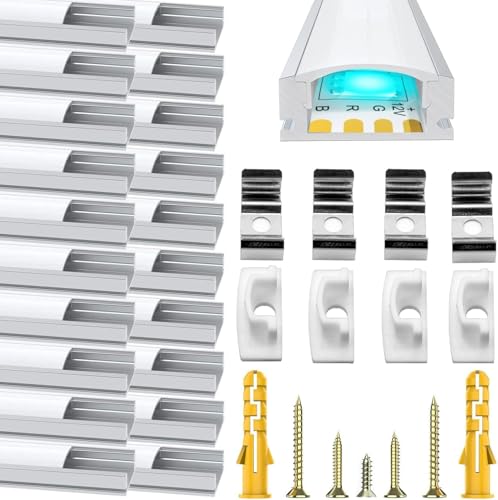 LED Aluminum Channel U Shape, 20 Pack LED Strip Diffuser 3.3ft/1Meter LED Profile with Milky White Cover, End Cap and Mounting Clip Aluminum Extrusion 90 Degrees Connectors for LED Strip Lights