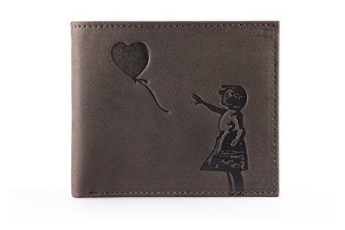 Cartera de piel auténtica de Corder London, con diseño de Banksy, «Niña con el globo», con frase en inglés «There is Always Hope» marrón Talla única