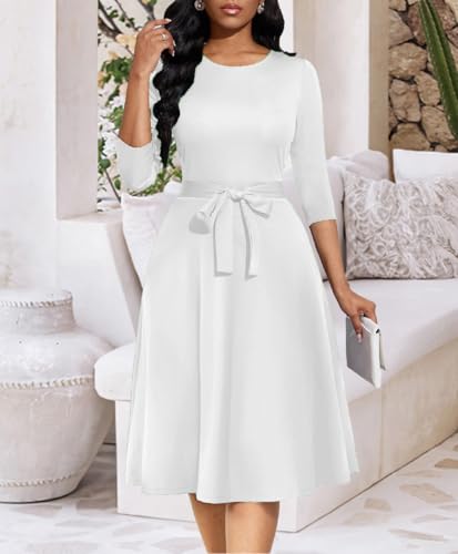 Image of Casual Dresses for Women Midi Church A-Line Fit and Flare Dress Crewneck 3 /4 Sleeve Party Dress