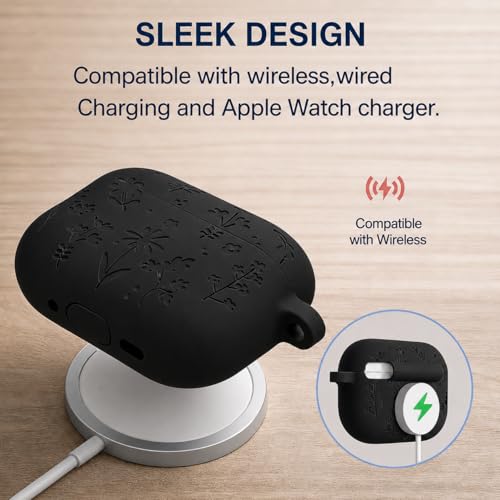 Image of Emoh Roced Case for Airpods Pro 3 with Keychain,Silicone Flower Engraved Cases Compatible with Apple AirPods Pro 3rd Generation 2025, Anti-Scratch, Protective Case Cover (Black, for AirPods pro 3)