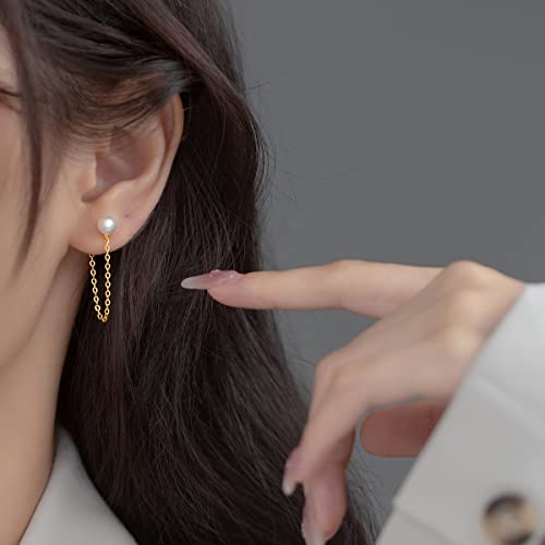 Reffeer Solid 925 Sterling Silver Pearl Chain Dangle Earrings Tassel for Women Teen Girls Pearl Chain Drop Earrings Studs3