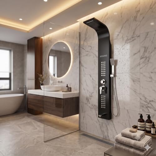 Image of ARAMO ?Brushed Shower Panel - Wave with Waterfall Shower, Massage Jet, 5 Water Functions (Black)