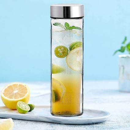 Image of CROCO JAR Wide Mouth Glass Water Bottle, Leak-Proof Airtight Double Layer Stainless Steel Lid, Set of 6 - Ideal for Water, Juice, Smoothies 750ml | Set Of 6