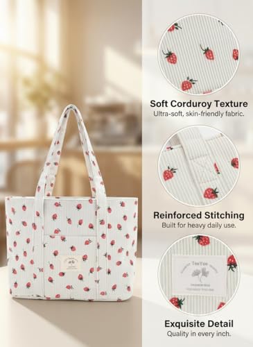 Image of TeeYee Women Tote Bag Shoulder Bag Large Zippered Strawberry Corduroy Shopper with Pockets Multipurpose | Gym traval bag