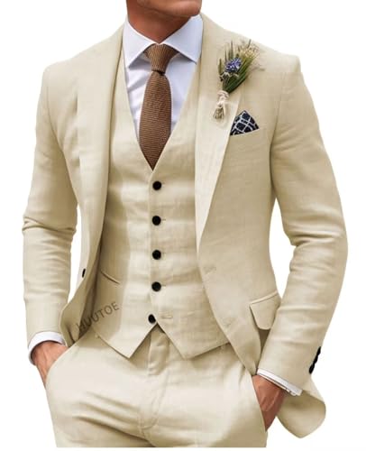 HUUTOE Costume 3 pièces ajusté en lin et coton pour homme, pour les mariages d'été, 45R, beige, beige