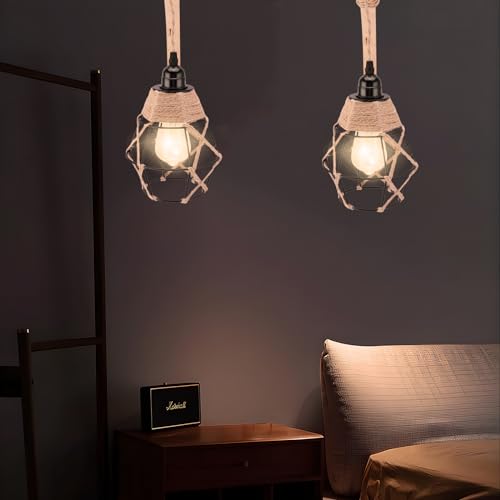 Image of Hanging Lights with Plug in Cord Set of Two, Farmhouse Hanging Lamps Hand Woven Rattan Wall Sconce with Wood Arm Hemp Rope Cord, Boho Wall Sconce for Bedroom Living Room (Plug-in Rocker arm)
