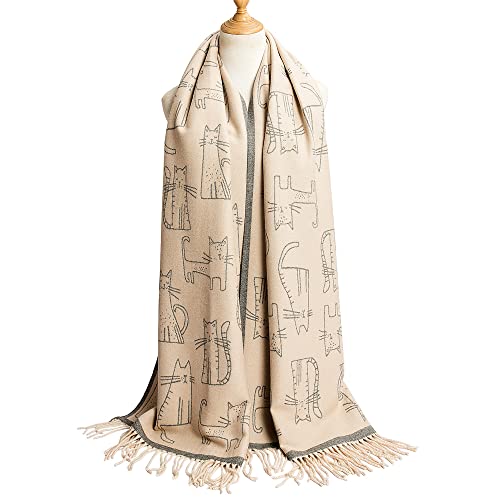 Women's Fringed Scarf Cat Print Pattern Cape Winter Cashmere Feel Shawl Warm Wrap Grey and Beige2