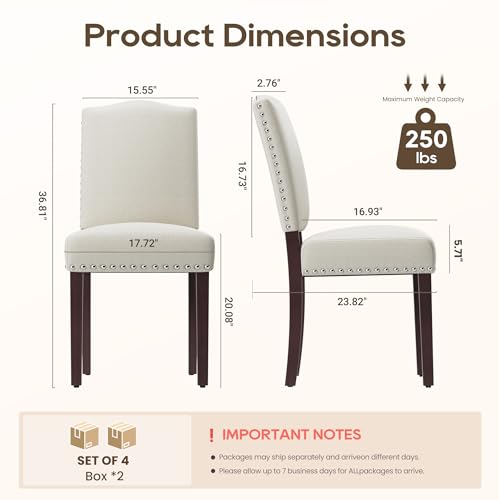 Image of Upholstered Dining Chairs Set of 4 with Thickened Seat Cushion, Wooden Mid-Century Modern Fabric Farmhouse Kitchen Chairs for Dining Room Living /Restaurant /Reading Room(Beige)