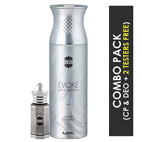 Ajmal Asher Concentrated Perfume Oil Oriental Alcohol-free Attar 12ml for Unisex and Evoke Silver Edition Him Deodorant Spicy Floral Fragrance 200ml for Men - Image 2