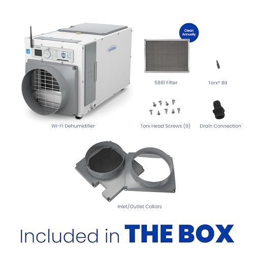 Image of AprilAire E100W Smart Wi-Fi Whole-House Dehumidifier 100-Pint Energy Star Commercial Dehumidifier for Basement, Crawl Space & Home up to 4,400 Sq.Ft. with Pump, Drain Hose, Hanging Kit, MERV 11 Filter