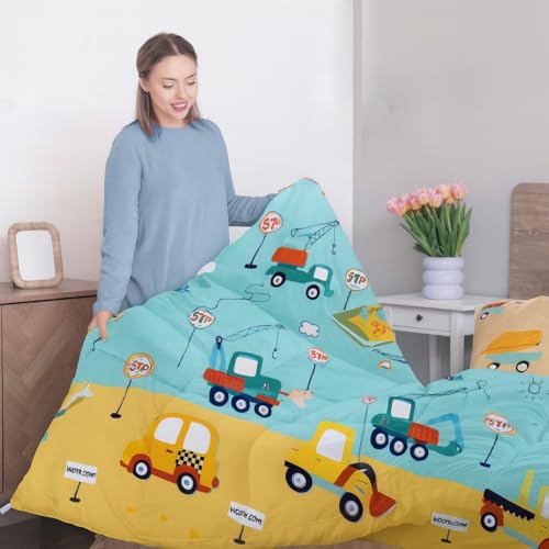 Image of 200 GSM 400 TC Kids Glace Cotton Reversible Cartoon Printed Double Bed King Size Comforter with Matching Bedsheet 90 * 100 with 2 Pillow Covers Set of 4 Pieces (Yellow Bus)