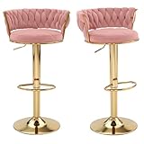VECELO Bar Stools Set of 2, Adjustable Barstools Counter Height Stools with Back and Arm, Velvet Woven Kitchen Island Stools w/Gold Metal Leg Base, 360° Swivel Bar Chair, Pink