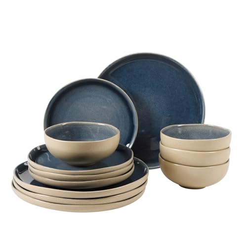 Image of Gibson Elite Manila Bay 12-Piece Stoneware Dinnerware Set, Service for 4, Reactive Glaze Modern Artisan Plates, Bowls & Mugs, Blue, Round Design