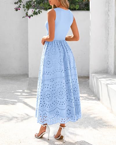 Image of dowerme Women Summer Dresses 2026 Casual Sleeveless Crewneck A-Line Boho Lace Eyelet Cotton Tank Maxi Dress with Pockets