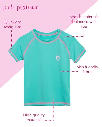 Image of Pink Platinum Girls Swim Shirt - Lightweight Quick Dry Short Sleeve Rash Guard for Girls, Swim Top w /UPF 50+ Sun Protection