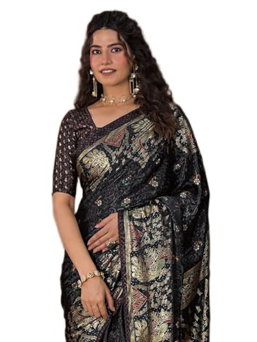 Image of Satrani Women's Crepe Foil Printed Weaving Banarasi Saree with Unstitched Blouse Piece