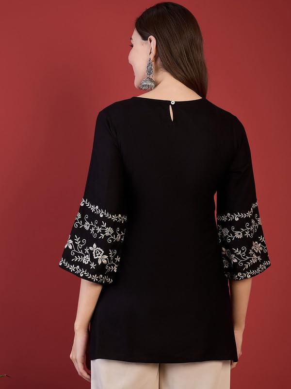 Image of Women's Ethnic Printed Rayon Short Kurta | Stylish Round Neck V-Slit Straight Kurti | Comfortable, Office & Casual Kurta for Jeans, Leggings & Trousers