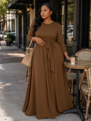 Image of Plus Size Maxi Dress for Women V Neck 3 /4 Sleeve Wrap Dress
