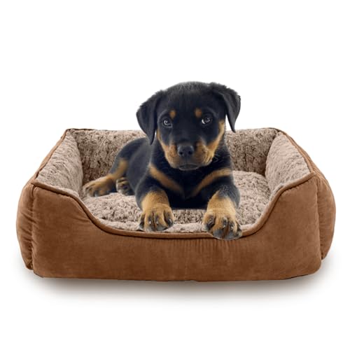 Oiilores Small Dog Sofa Bed Washable, Soft Plush Calming Beds with Non-Slip Bottom - Anti-Anxiety Rectangle Puppy Mat (50 x 48 cm, Brown)