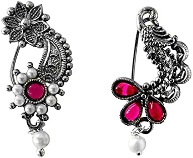 Riank Traditional Oxidised Maharashtrian Nath with Combo of Pearl Floral & Peocock Design Pearl Bead Nose Ring without piercing for Women