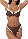 SUUKSESS Women Color Block Underwire Bikini Sets Cheeky High Cut 2 Piece Swimsuit Sweetheart V Neck Push Up Bathing Suit(Beige Brown,L)