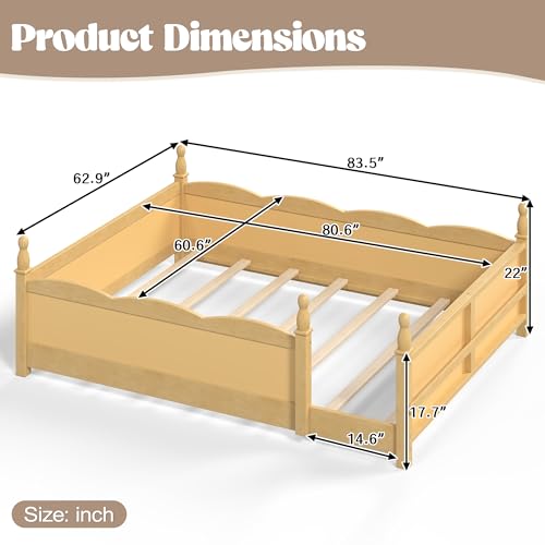 Image of Bellemave Queen Size Montessori Floor Bed Frame with High Fence, Solid Wood Kids Floor Bed with Bookshelf, Low Profile Bed for Boys & Girls, Childlike Design,Natural