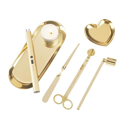 6 in 1 Candle Wick Trimmer Cutter,Candle Lighter Rechargeable, Candle Snuffer Extinguisher, Candle Wick Dipper, Candle Care Kit，Candle Accessory Set with Storage Tray Plate for Candle Lover (Gold-02) - Gold-02